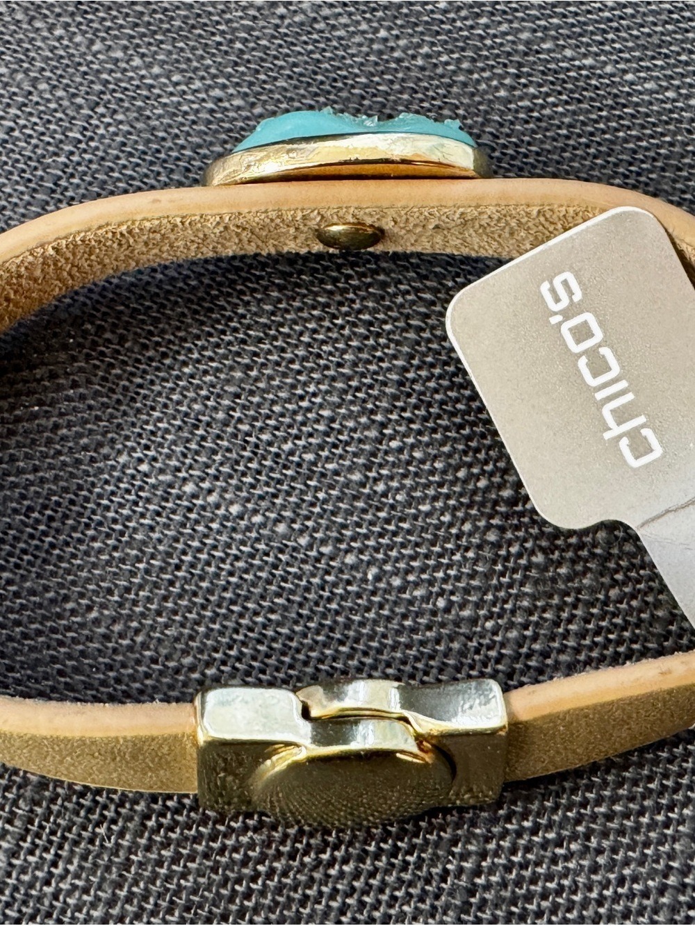 Chico's Gold Leather Bracelet with Aqua Green Druzy Stone - Picture 3 of 7